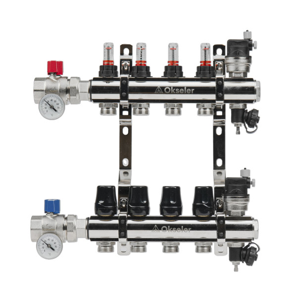 Коллекторная группа 4 отвода 1"*3/4"(18) ЕК с расходомерами Okseler (латунь) с автоматическими воздухоотводчикоми и шаровыми кранами с термометрами (O