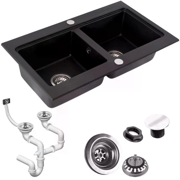 Мойка для кухни 2 чаши Rea caddy black гранит 80x46,5x19,5 черная (ZLE-00132)