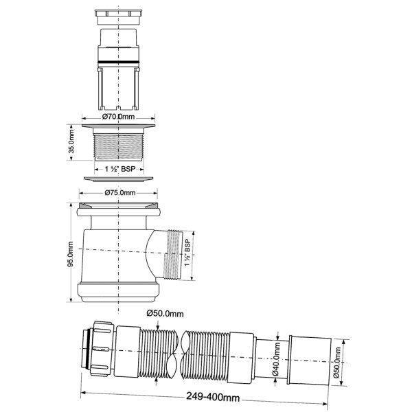 Сифон McAlpine 70*40 для душ.поддона (белый) c отводом гофр.переходным 40*50 мм. (MRS2CB-F)