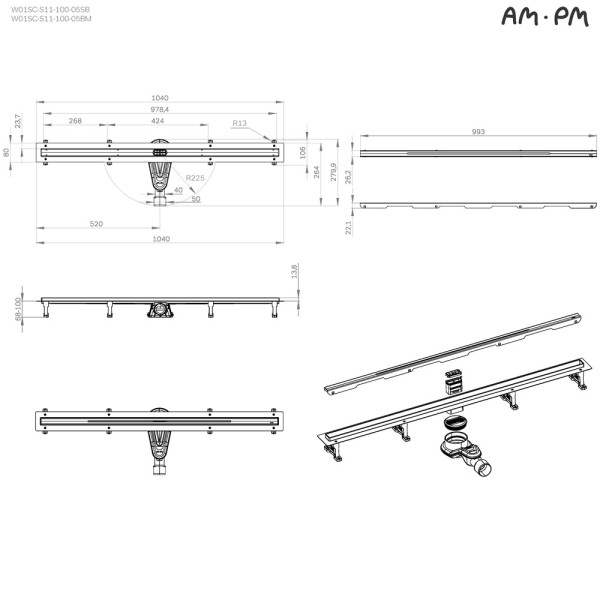 Трап для душа AM.PM MasterFlow линейный универс затвор Slim line 100 см сталь мат (W01SC-S11-100-05SB)