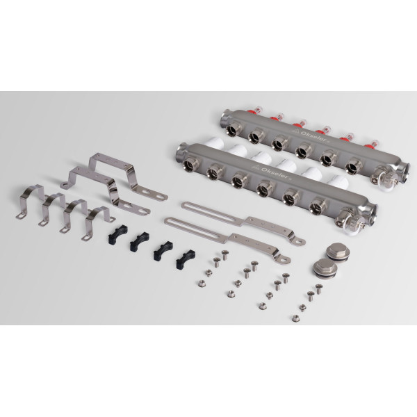 Коллекторная группа 6 отводов 1"*3/4"(18) ЕК с расходомерами Okseler (нерж.ст) с дренажным краном и краном Маевского (Oks00316)