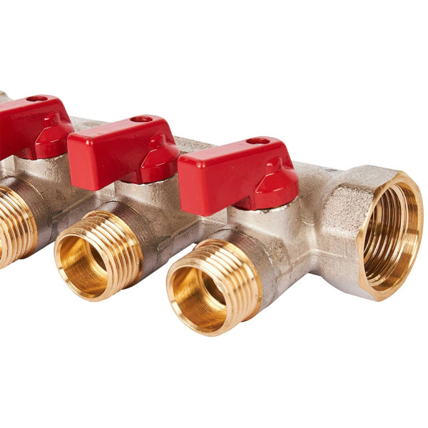 Коллектор 4 отвода с шаровыми клапанами 3/4"x1/2"(16) Stout (никель, красные ручки) (SMB-6210-341204)