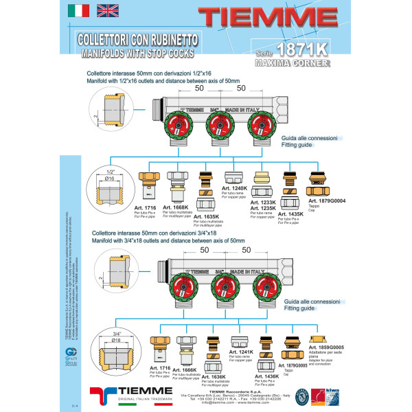 Коллектор проходной регулируемый Tiemme Maxima Corner (185007 / 1871K) 3/4" ВР-НР , 2 отвода 3/4" евроконус