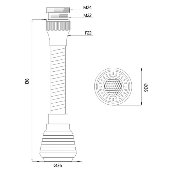 Аэратор Melodia М22хМ24 пластиковый с гиб. удлин. 14см, 2 функц., метал. шл., пласт.сетка (MKP20394BL)