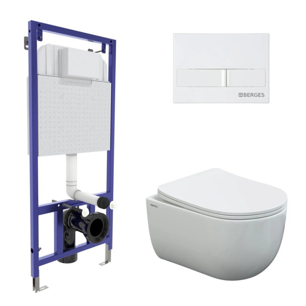 Комплект инсталляция с унитазом Berges Novum525 c с кнопкой L1 белый, VENTAS Rimless, сиденье Ventas Slim SO (043308)