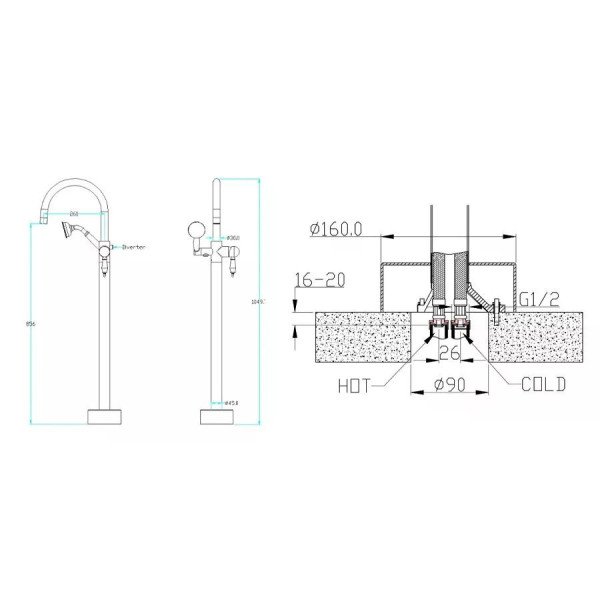 Смеситель напольный Boheme Imperiale золотой с душевым комплектом (289)
