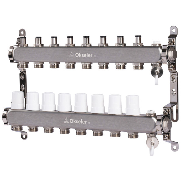 Коллекторная группа 8 отводов 1"*3/4"(18) ЕК с регулировочными клапанами Okseler (нерж.ст) с дренажным краном и краном Маевского (Oks00307)