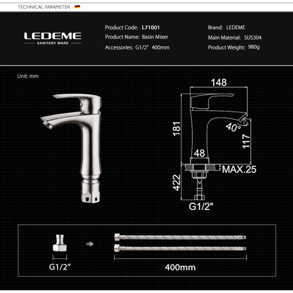 Смеситель для раковины Ledeme хром (L71001)