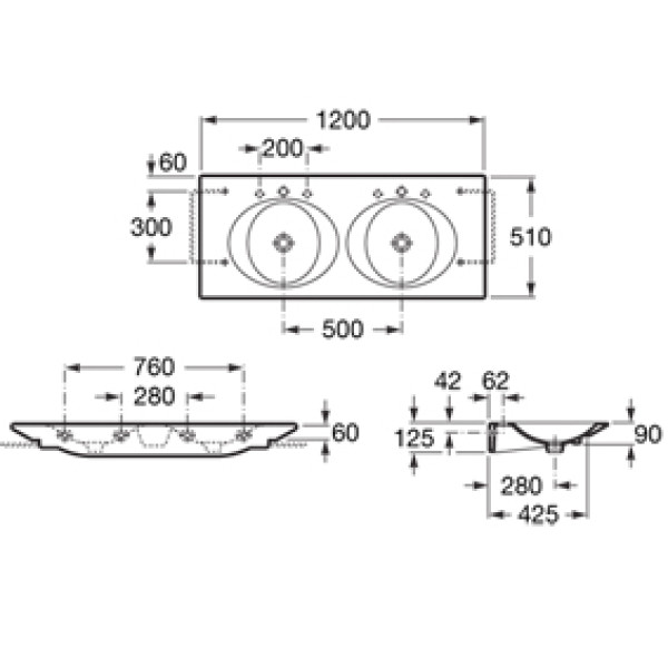 Раковина подвесная Roca Kalahari 1200х510х90 (327896000) Раковина подвесная Roca Kalahari 1200х510х90 (327896000)