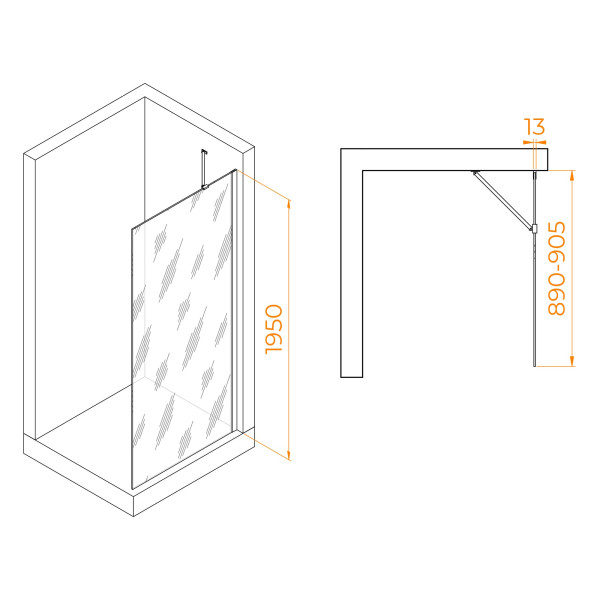 Душевое ограждение RGW Walk In 90x195 стекло прозрачное, профиль золото BRUSH (351011009-16)