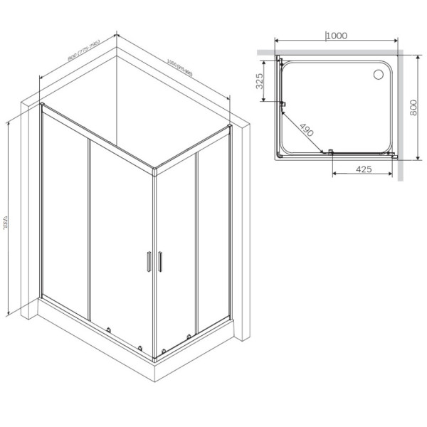 Душевое ограждение AM.PM Gem 80x100x190 стекло прозрачное, профиль черный матовый (W90G-404-100280-BT)