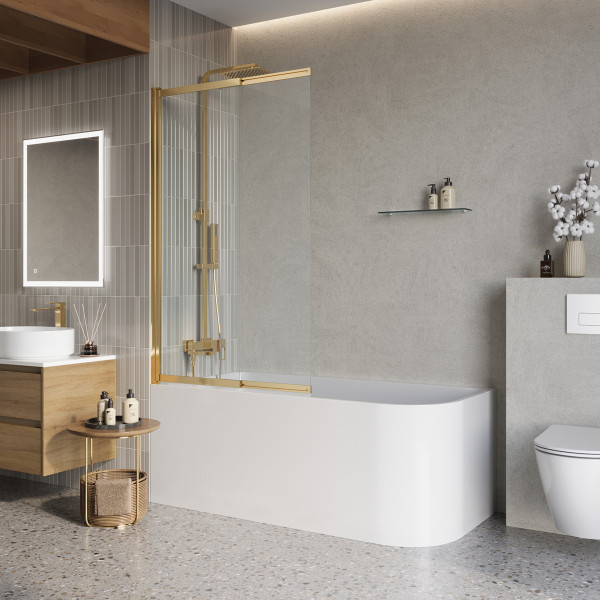Душевая шторка для ванны BelBagno Luce 90x145 стекло прозрачное, профиль золото глянцевое (LUCE-VF-11-90/145-C-ORO) Душевая шторка для ванны BelBagno Luce 90x145 стекло прозрачное, профиль золото глянцевое (LUCE-VF-11-90/145-C-ORO)