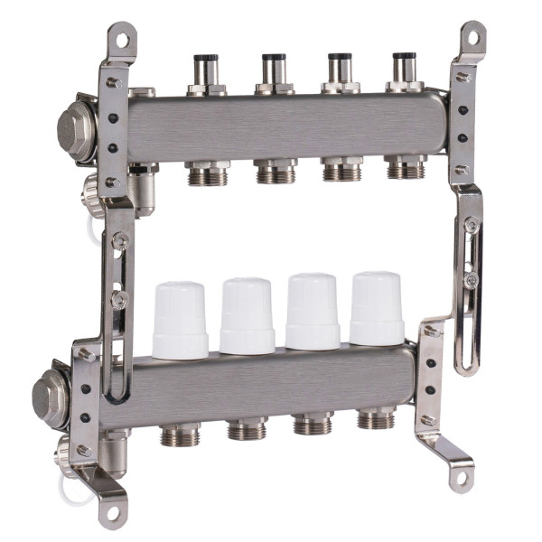 Коллекторная группа 4 отвода 1"*3/4"(18) ЕК с регулировочными клапанами Okseler (нерж.ст) с дренажным краном и краном Маевского (Oks00303)