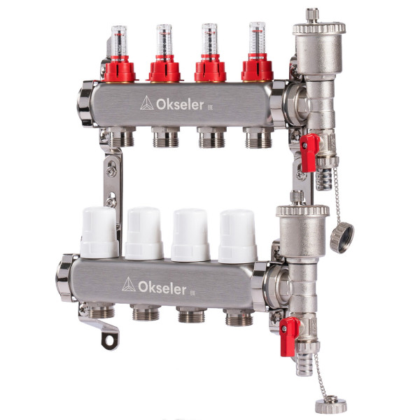 Коллекторная группа 4 отвода 1"*3/4"(18) ЕК с расходомерами Okseler (нерж.ст) с автоматическим воздухоотводчиком и спускным краном (Oks00342)