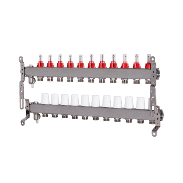 Коллекторная группа 11 отводов 1"*3/4"(18) ЕК с расходомерами Okseler (нерж.ст) с дренажным краном и краном Маевского (Oks00321)