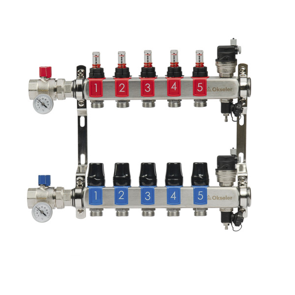 Коллекторная группа 5 отводов 1"*3/4"(18) ЕК с расходомерами Okseler (нерж.ст) с автоматическими воздухоотводчикоми и шаровыми кранами с термометрами