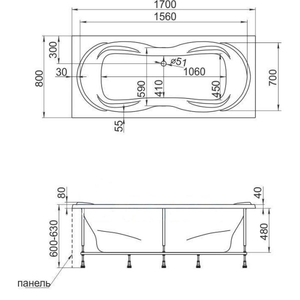 Ванна акриловая 1Marka Dinamika 170x80 белая (01ди1780)