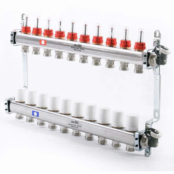 Коллекторная группа Uni-Fitt 10 отводов 1"х3/4" с расходомерами и термостатическими вентилями нерж. сталь