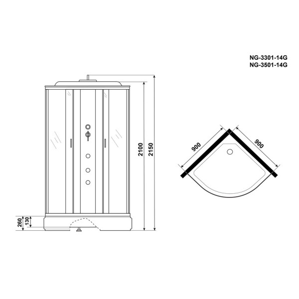 Душевая кабина с гидромассажем Classic 90x90 стекло матовое, профиль хром матовый (NG-3301-14G)