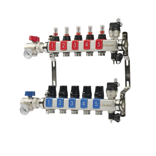 Коллекторная группа 5 отводов 1"*3/4"(18) ЕК с расходомерами Okseler (нерж.ст) с автоматическими воздухоотводчикоми и шаровыми кранами с термометрами