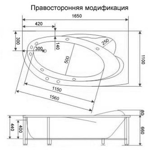 Ванна гидромассажная и аэромассажная Bach Белла 165х110 система 4 (г/м 6 форсунок, многоцветная подсветка, спин. массаж, а/м 10 форсунок)