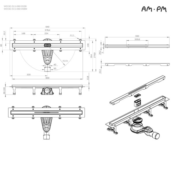 Трап для душа AM.PM MasterFlow линейный универс затвор Slim line 60 см сталь мат (W01SC-S11-060-05SB)