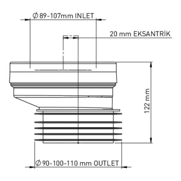 Отвод для унитаза эксцентрический со смещением 20 мм., длина 122 мм. Nova (белый) (7151)