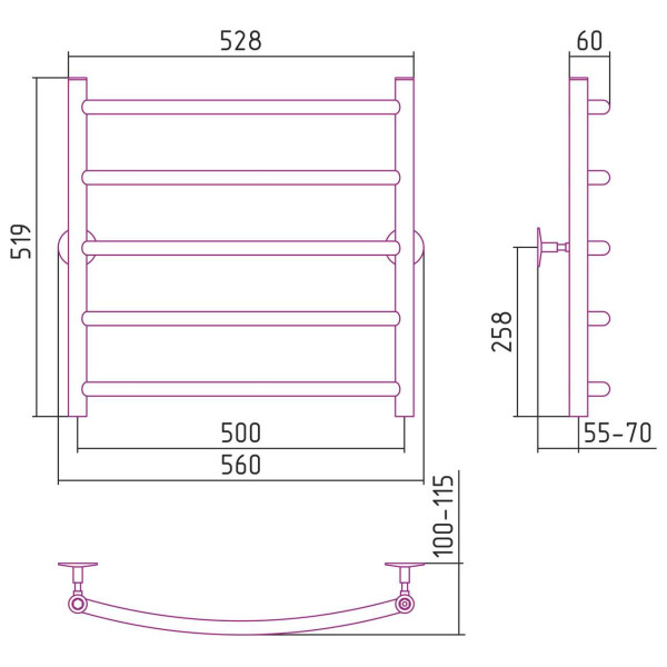 Полотенцесушитель водяной Стилье Универсал-50 600х500 (5) Г 21 хром (00650-6050)