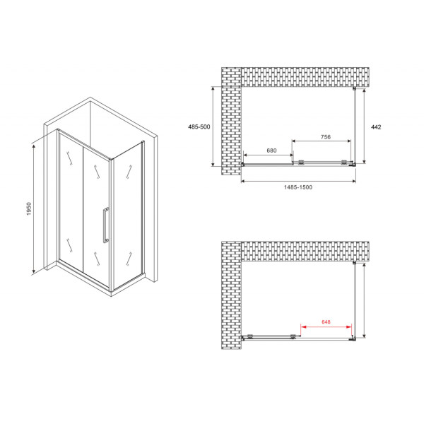 Душевой уголок Abber Schwarzer Diamant 50x50x195 стекло прозрачное, профиль хром (AG30150H-S50)