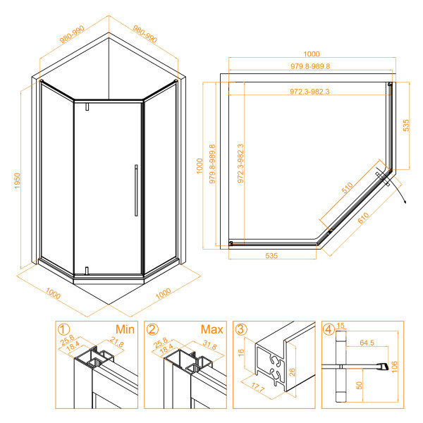Душевой уголок RGW Stilvoll 100x100x195 стекло прозрачное, профиль золото BRUSH (32328100-16)