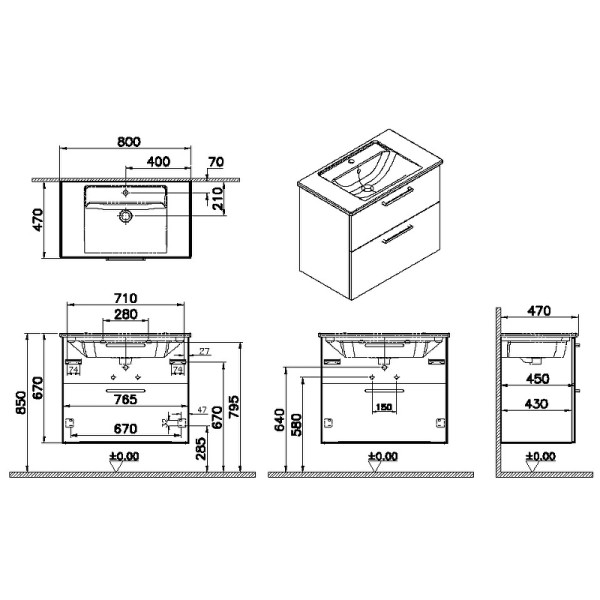 ТУмба подвесная Vitra Root 80 см с квадратной раковиной, 2 ящика, глянцевый белый (66306)