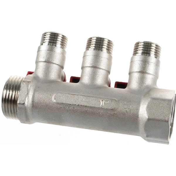 Коллектор 3 отв. с шар. клапанами 1*1/2"(16) (никель) Kromwell красные ручки (EU.ST3042285 3x1x12_k)