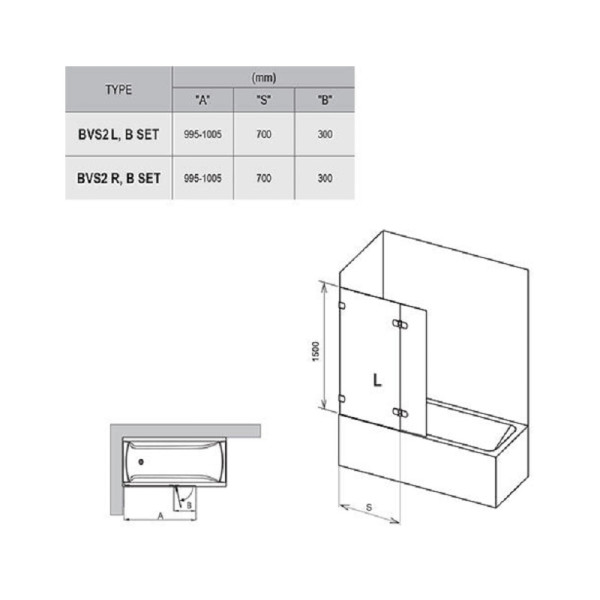Душевая шторка для ванны Ravak BVS2 100x150 стекло прозрачное, профиль хром (7ULA0A0Z1)