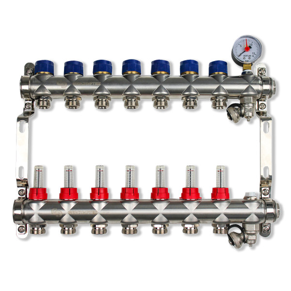 Коллекторная группа 7 отводов 1"*3/4"(евроконус) Geschaften с расходомерами (нерж.сталь) (GS1185-7)