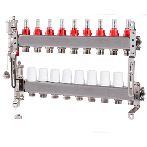 Коллекторная группа 9 отводов 1"*3/4"(18) ЕК с расходомерами Okseler (нерж.ст) с автоматическим воздухоотводчиком и спускным краном (Oks00347)
