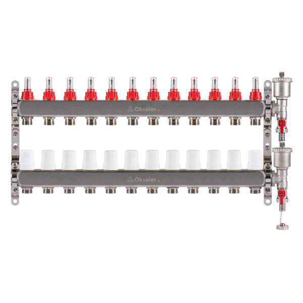 Коллекторная группа 12 отводов 1"*3/4"(18) ЕК с расходомерами Okseler (нерж.ст) с автоматическим воздухоотводчиком и спускным краном (Oks00350)