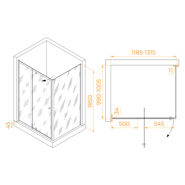 Душевой уголок RGW PA-44B (PA-02B + Z-050-1B) 1200x1000 стекло прозрачное, профиль черный (41084410-014)