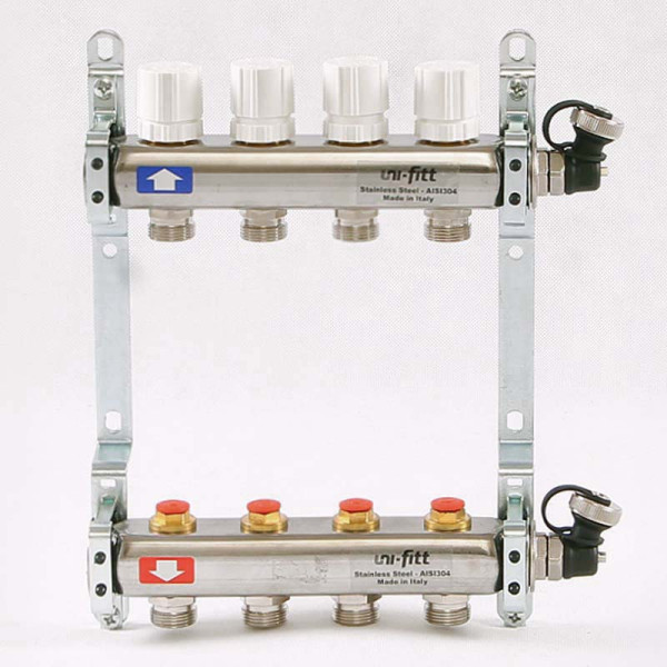 Коллекторная группа Uni-Fitt 4 отвода 1"х3/4" с балансировочными и термостатическими вентилями нерж. сталь