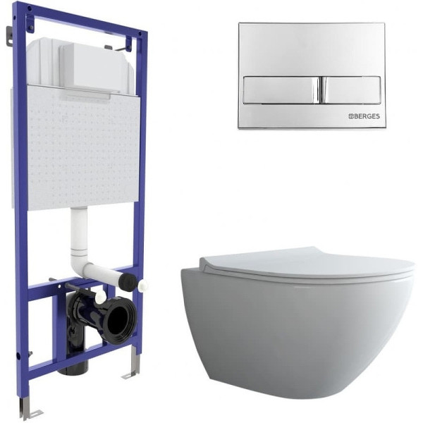 Комплект инсталляция с унитазом Berges Novum c с кнопкой L3 хром глянец, унитаз PUMA Rimless, сиденье Toma Slim SO (043272)