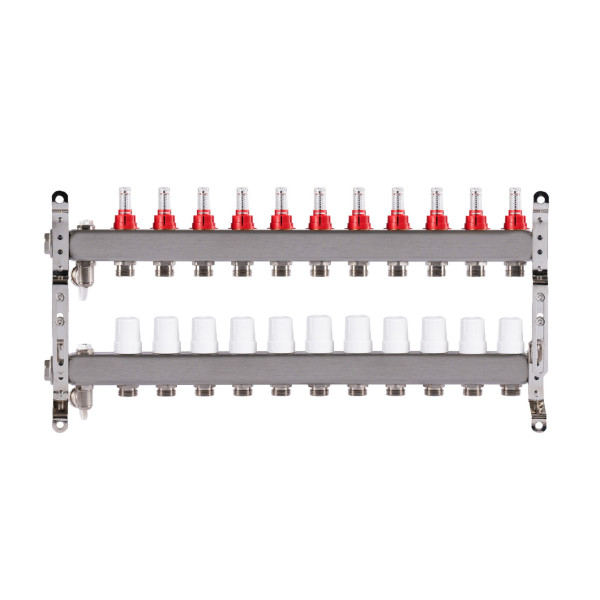 Коллекторная группа 11 отводов 1"*3/4"(18) ЕК с расходомерами Okseler (нерж.ст) с дренажным краном и краном Маевского (Oks00321)