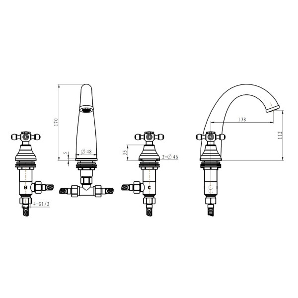 Смеситель для раковины на 3 отверстия Boheme Royal Cristal золотой (297-Royal/CRST-black)