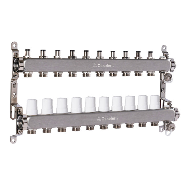Коллекторная группа 10 отводов 1"*3/4"(18) ЕК с регулировочными клапанами Okseler (нерж.ст) с дренажным краном и краном Маевского (Oks00309)