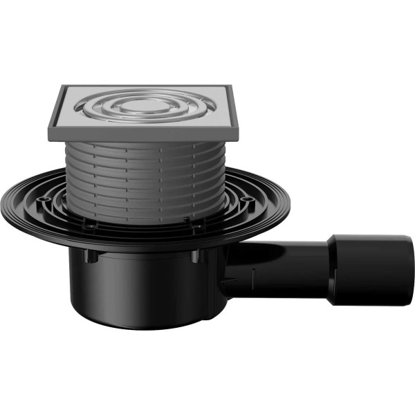 Трап регулируемый Fachmann T 510.0 SHsP 122x122 горизонтальный выпуск DN40/50 с "мокрым" гидрозатвором, решетка нерж. сталь, пластиковый подрамник (04