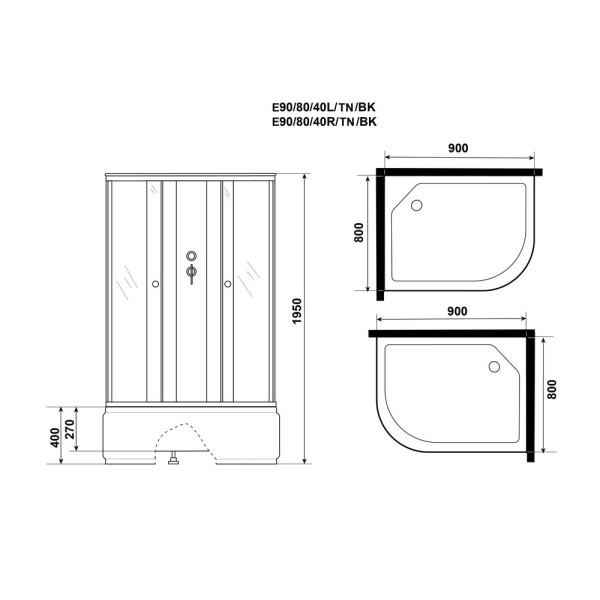 Душевая кабина 80x90 стекло тонированное, профиль хром матовый (E90/80/40L/TN/BK)