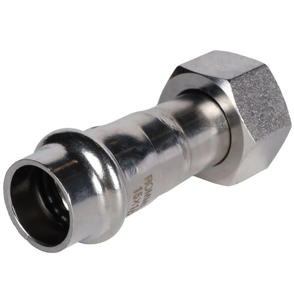 Переход 15х1/2"B с накидной гайкой Rommer из нержавеющей стали (пресс) (RSS-0026-001512)