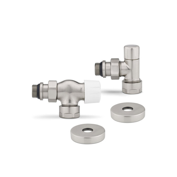 Комплект радиаторных клапанов угловой (осевой) 1/2"х3/4"(18)ЕК Varmega №3 (матовый никель) (VMDV12-510415)