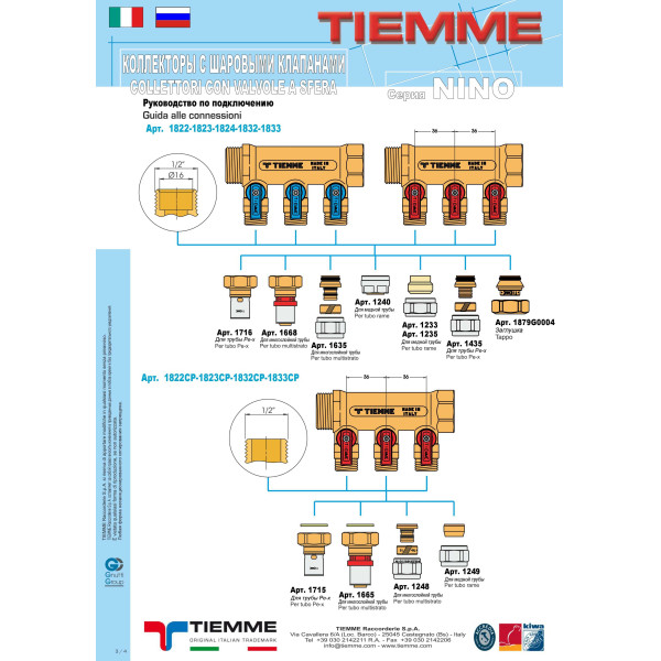 Коллектор с шаровыми кранами Tiemme NINO 3 выхода 3/4*1/2"(16) (никель) (1820003)