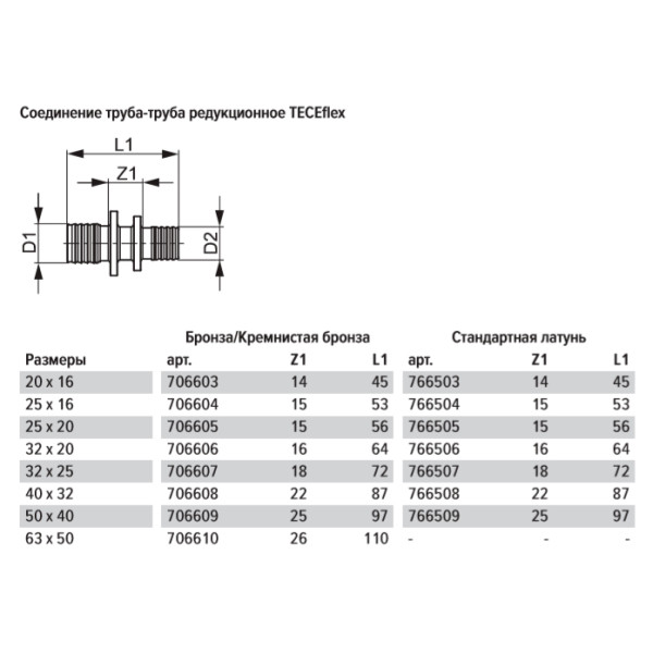 Соединение труба-труба редукционное TECEflex 63х50 мм. (бронза) (706610)