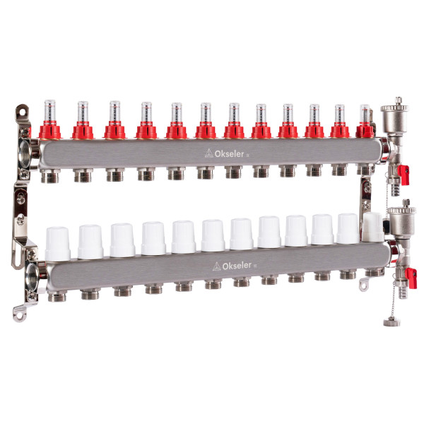 Коллекторная группа 12 отводов 1"*3/4"(18) ЕК с расходомерами Okseler (нерж.ст) с автоматическим воздухоотводчиком и спускным краном (Oks00350)