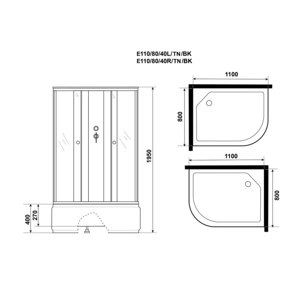 Душевая кабина 80x110 стекло тонированное, профиль хром матовый (E110/80/40R/TN/BK)